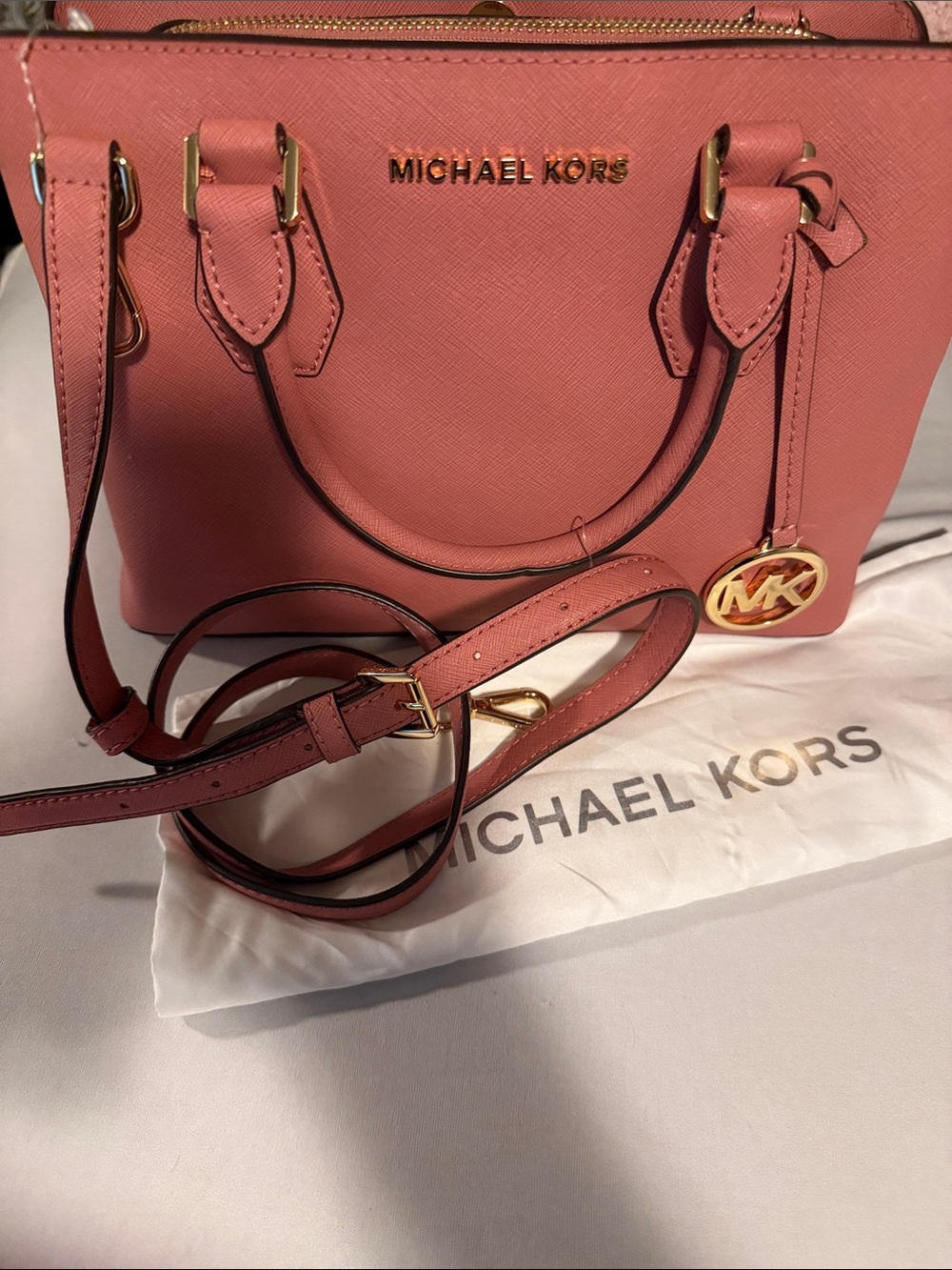 Michael Kors Coral Pink Saffiano Leather Satchel with Gold Hardware
